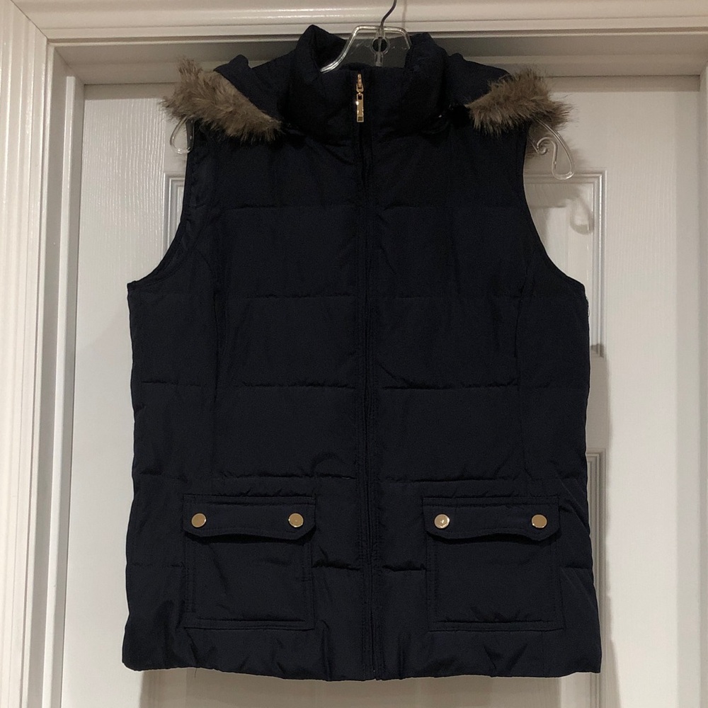 Charter Club Dark Navy Puffer Vest with Faux Fur Trim